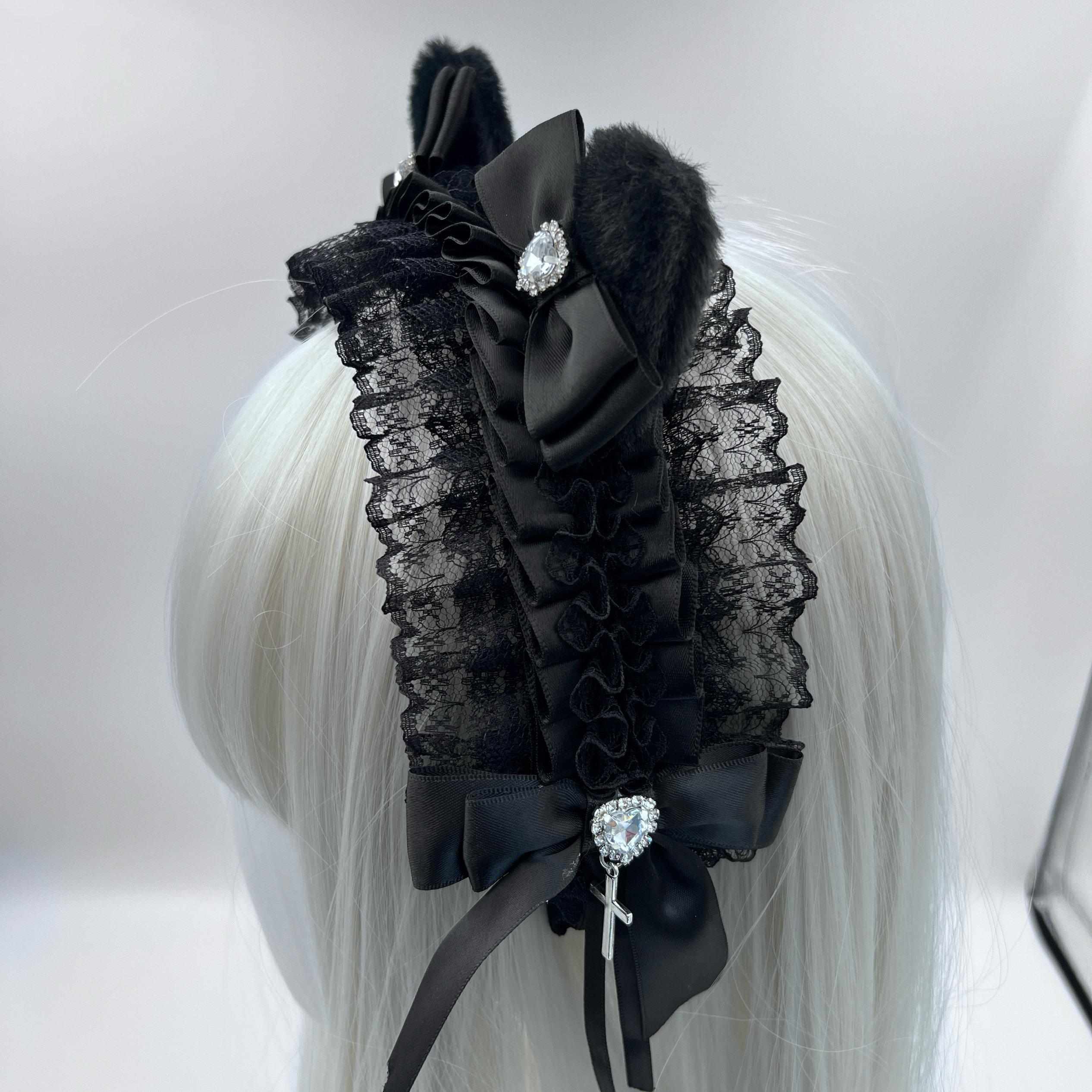

Lolita Headwear Cat Ear Love Rhinestone Headband Goth Punk Bow Headband Abi Cos Lace Hair Accessories чёрный