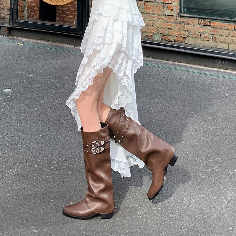 2025 autumn and winter new long boots thick heel fashion boots belt buckle trouser boots high boots medium heel women's boots western women's boots