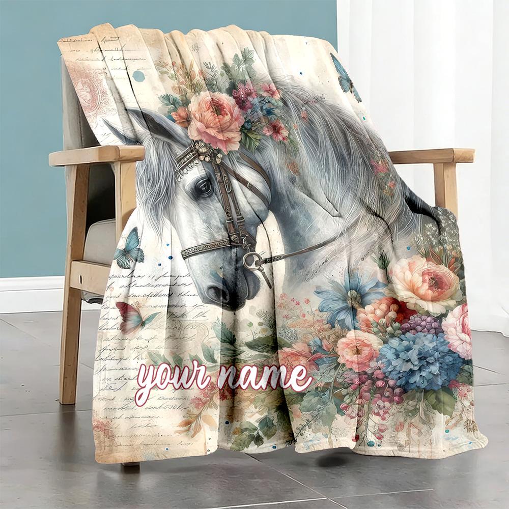 Beautiful Horse Customize Text Blanket Throw Customizable Blanket Warmthful Decor Great for Sofa Bedding Office Couch Four Seasons Universal
