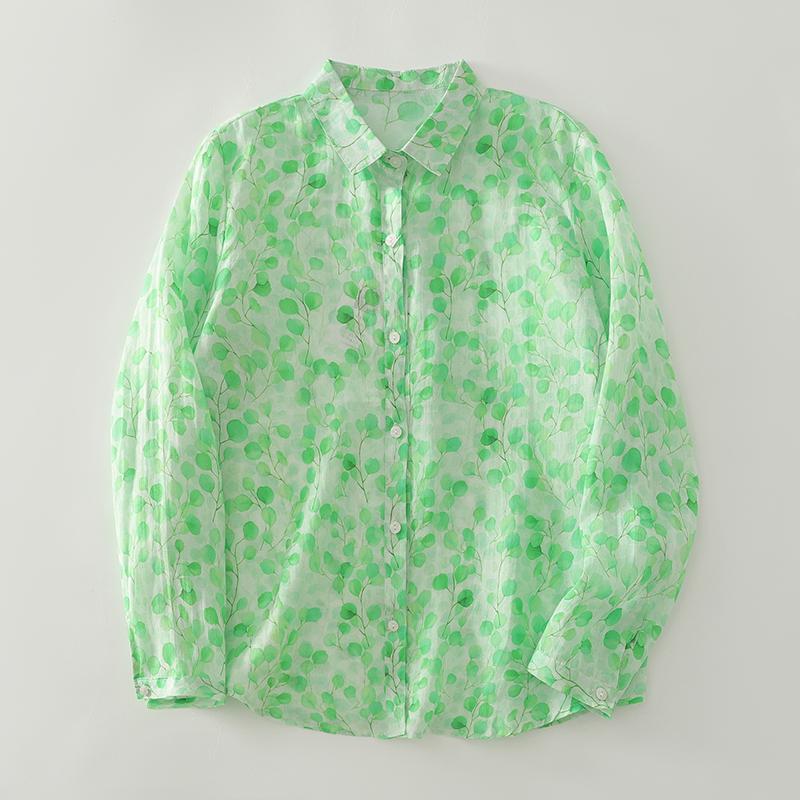 DIMANAF 2025 New Plus Size Women Tops Shirts Tees Green Casual Loose Blouse Autumn Print Cotton Long Sleeve