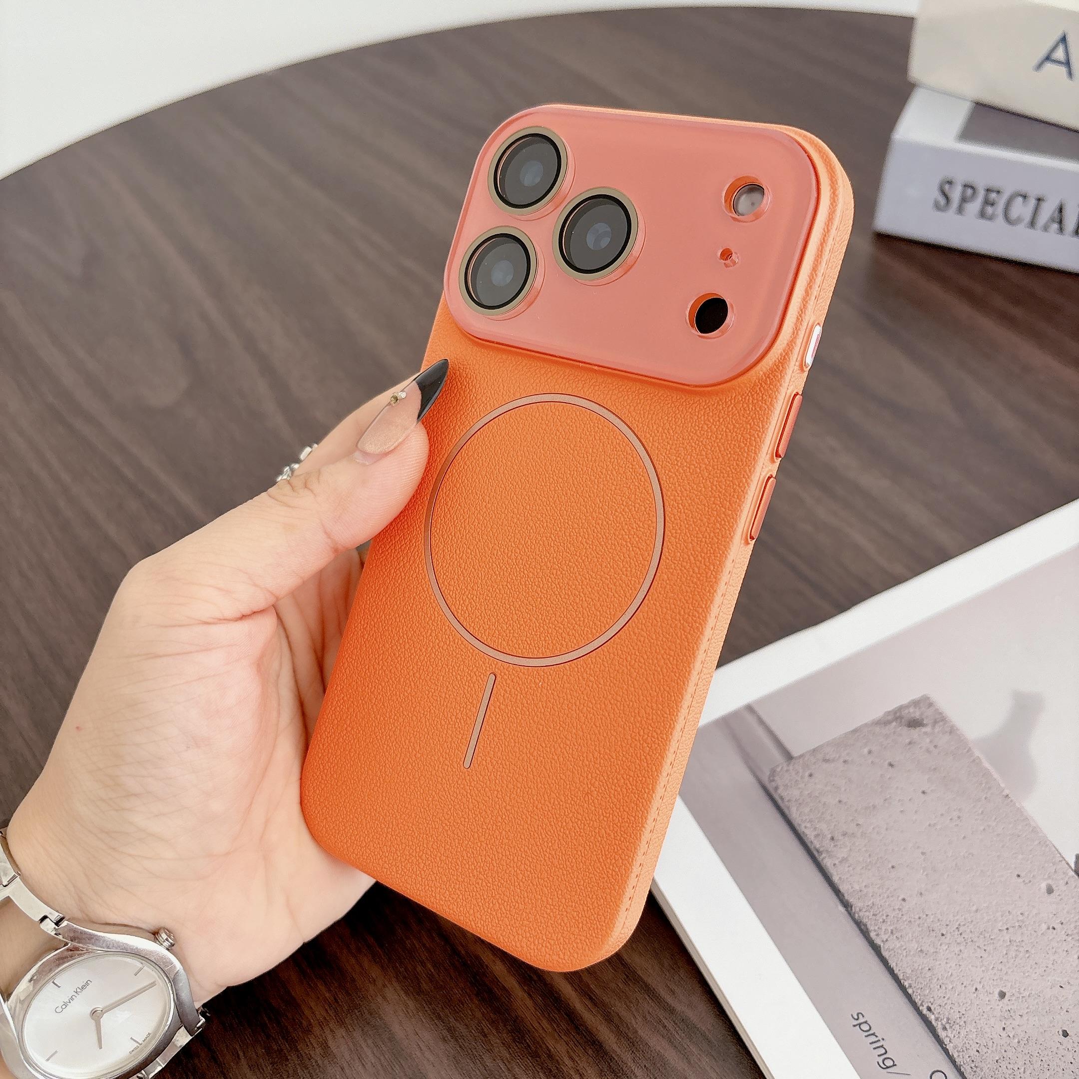 

Бампер с текстурой личи для чехла Magsafe для iPhone 17 Air 16 15 14 13 12 Pro Max, стеклянная линза, кожаная, магнитная, жесткая PC крышка iPhone 16