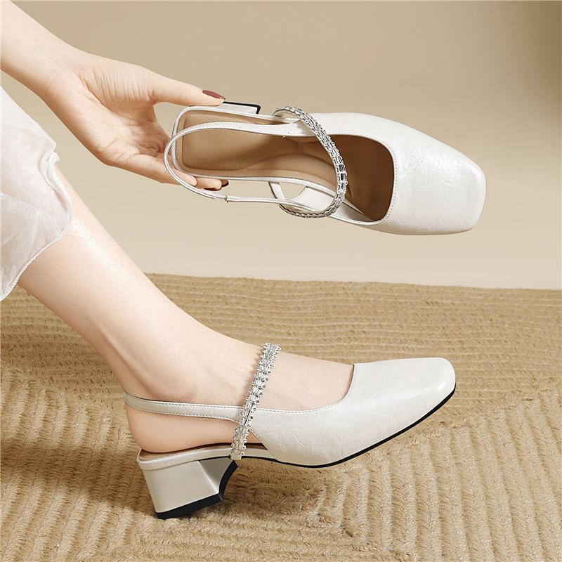 Light luxury Mary Jane shoes square head rhinestone early spring single shoes outer wear single shoes high-end thick heel ballet women's shoes