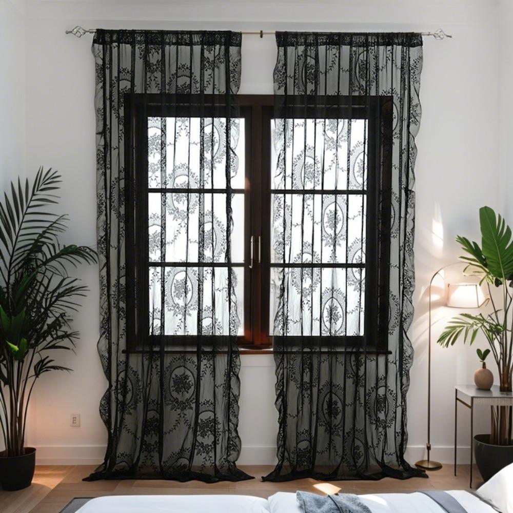 2 Pcs Ruffled Edge Gauze Curtain Retro Lace Sheer Curtain Romantic French Lace Floral Curtain  Door