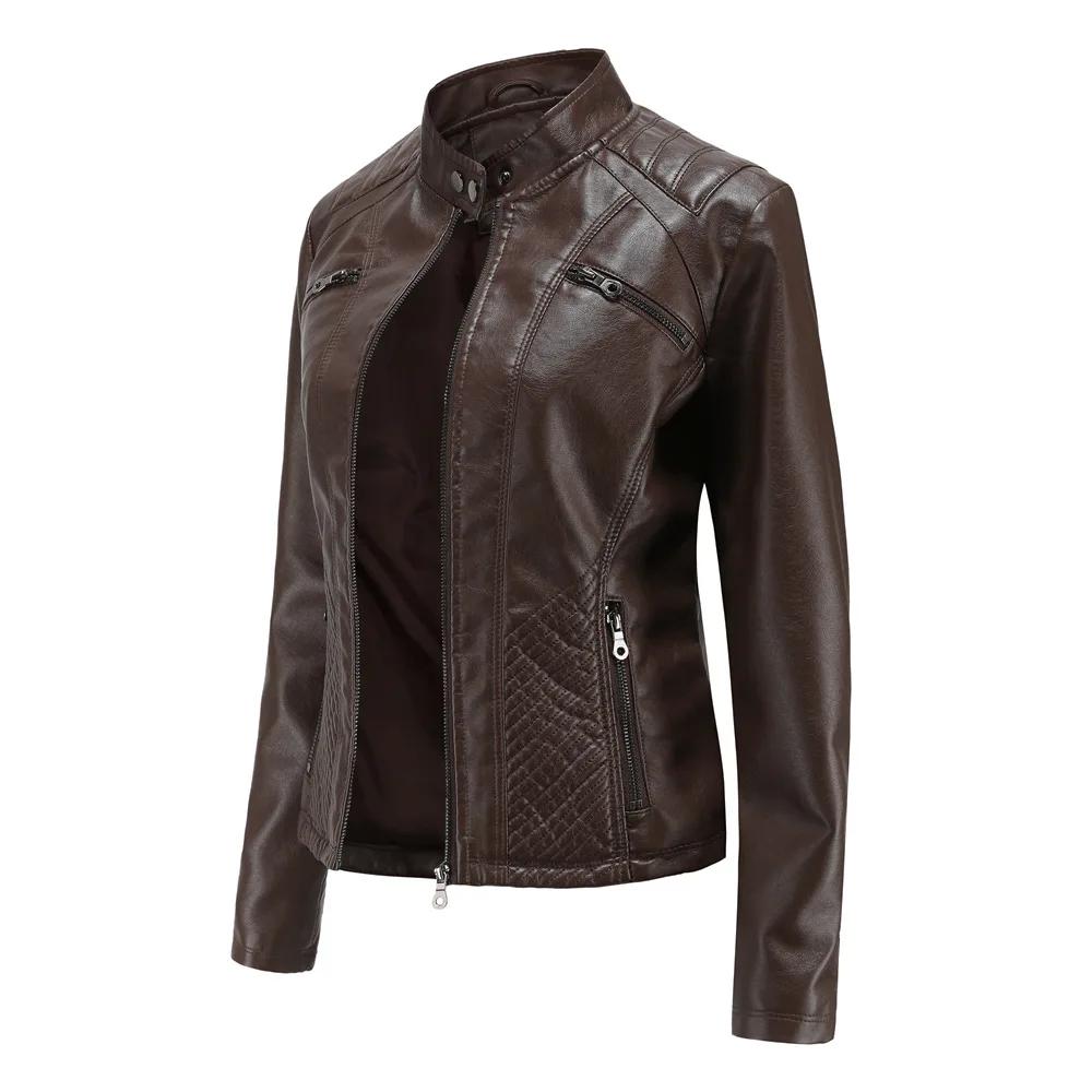 Women's Leather Coat Fashion Trend Simple Autumn Winter Stand Collar Zipper PU Leather Motorcycle Jacket for Women