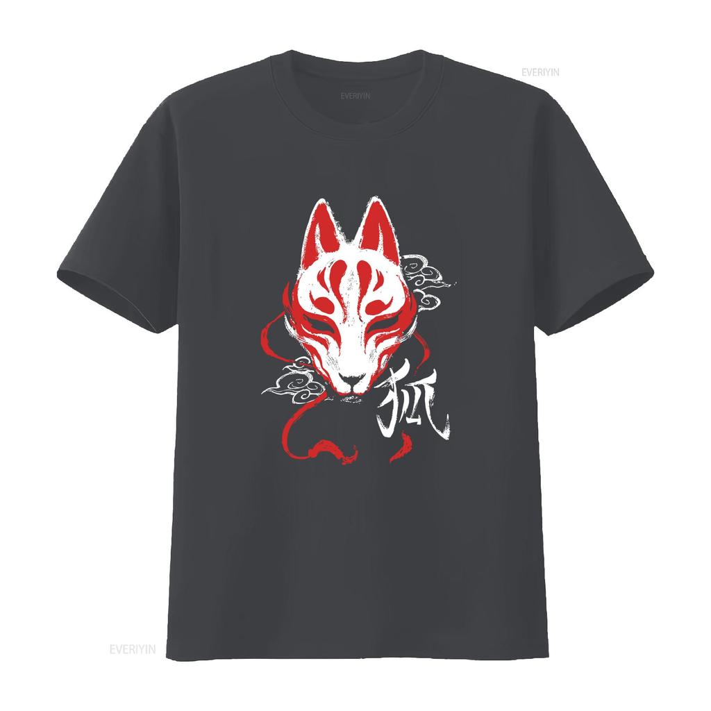 Kitsune Mask Japanese Fox Traditional Tokyo Yokai Harajuku Style Streetwear Aesthetic T Shirt with Raditional Sakura Design