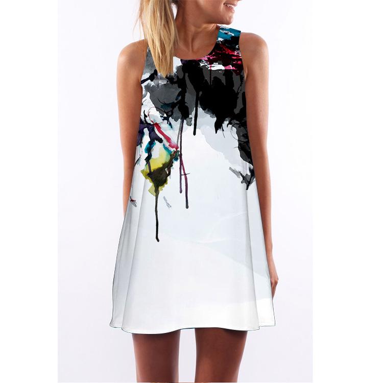 European Station European and American New Retro Digital Printing Round Neck Hot-selling Off-the-shoulder Medium and Long Vest Dress