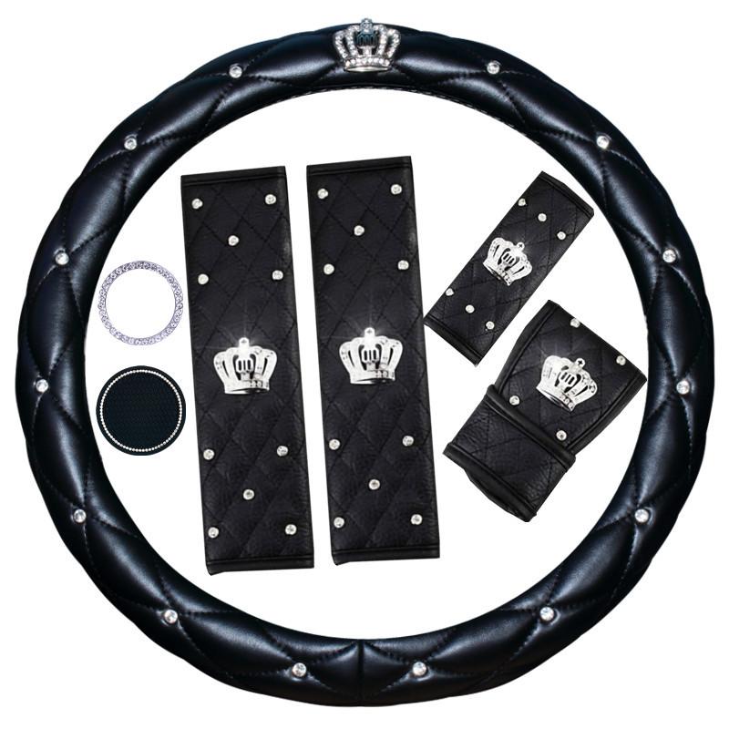 Rhinestone PU Leather Car Interior Decoration Cover Steering Covers Handbrake Gear Shift Lever & Shoulder Protection Cover