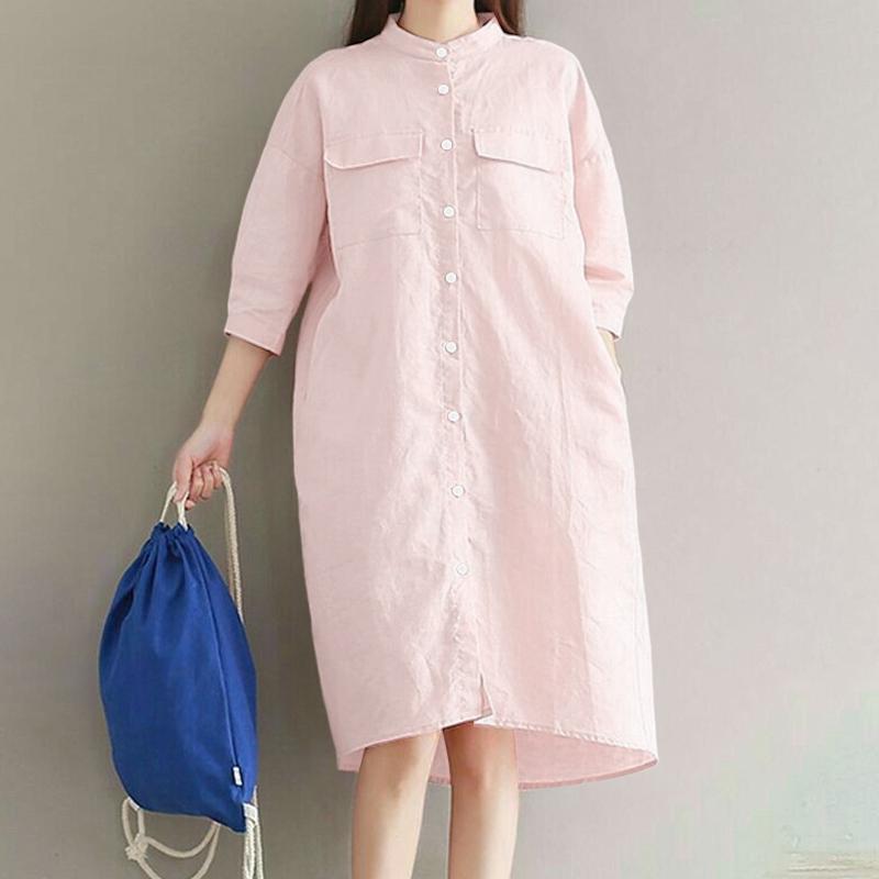 ZANZEA Women Casual Stand Collar Solid Color Loose 3/4 Sleeve Dress S светло-розовый
