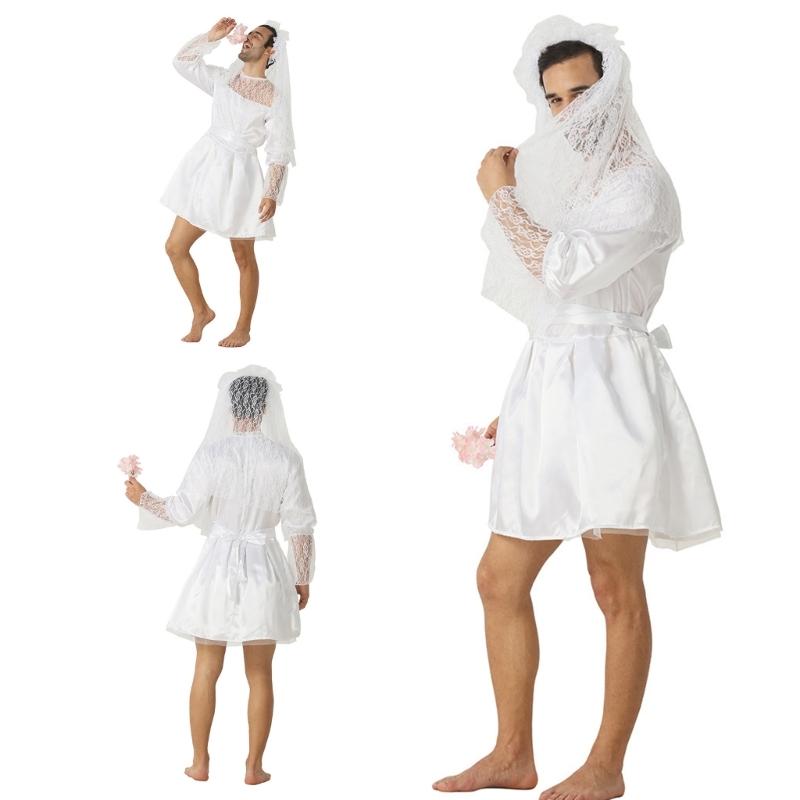 Funny Bride Costume Bridal Veil White Wedding Dress with Belt Funny Novelty Fancy Dress Outifts for Stag Do Hen Party