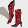 Fashion Runway Pleated Patent Leather Boots Female Pointed Toe Stiletto Heels Pumps Autumn Winter Knee High Shoes Women