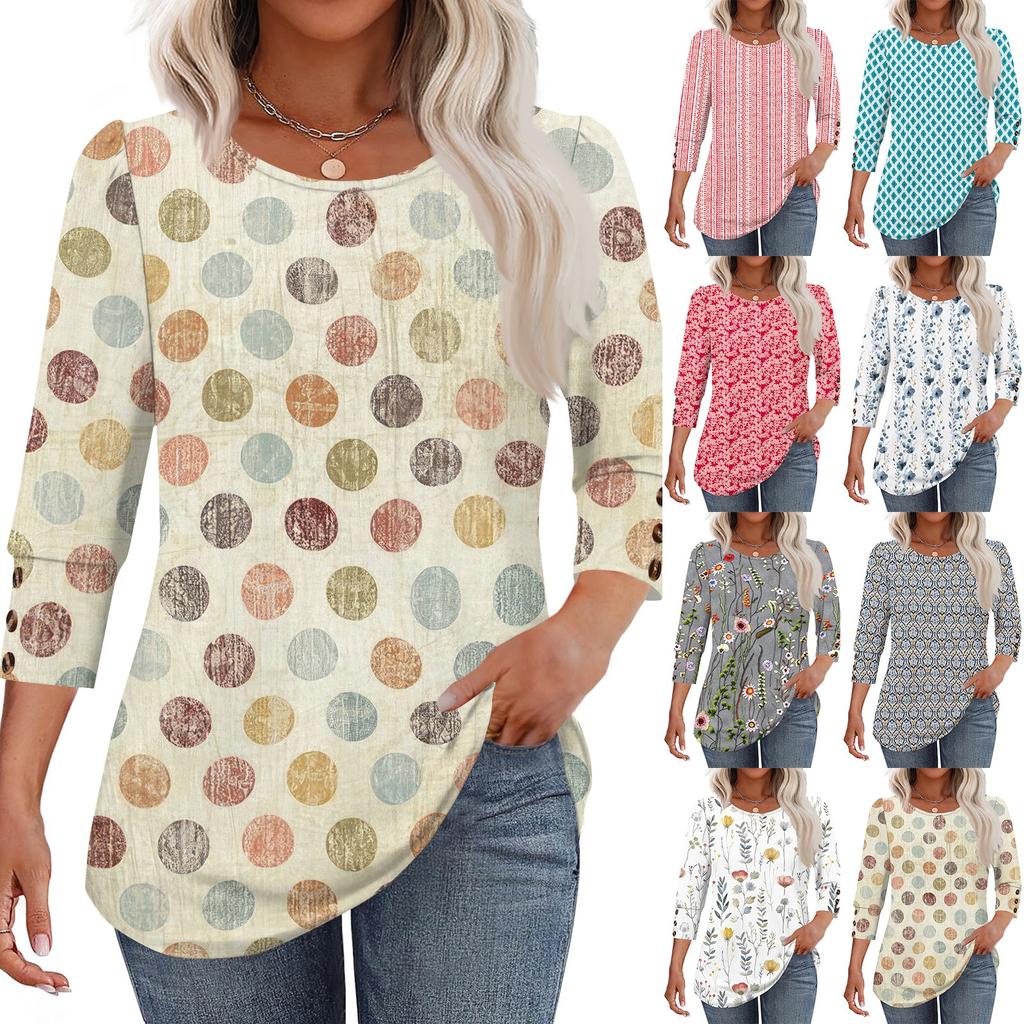 Womens Tops 3/4 Sleeve With Buttons Casual Blouses Summer Outfits Beach Vacation Clothes