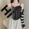 Korean Pearl Pleated Sling Vest with Chest Pad and Ruffled Hem