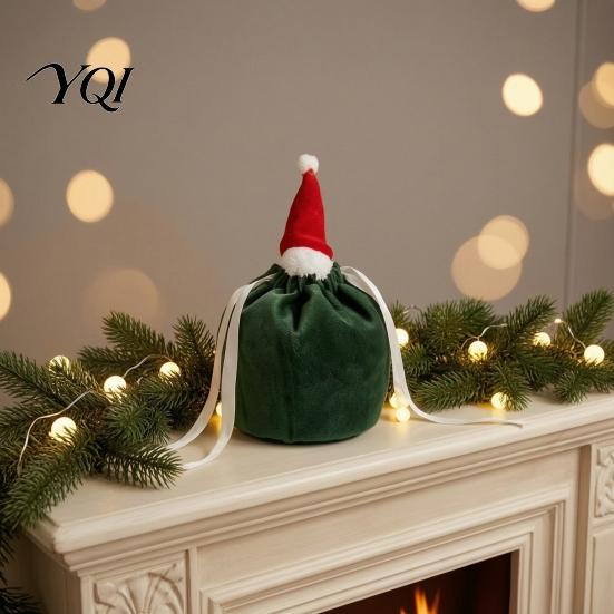 Christmas Party Table Decorations Drawstring Gift Bags with Santa Hat, Reusable Velvet Xmas Goodie Sacks, Festive Eve Treat Pouches Candy Apple Pouch