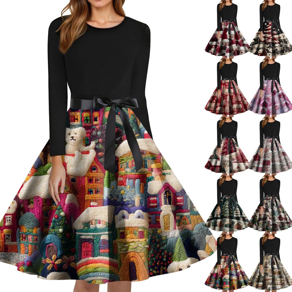 Women's Fashion Round Neck Slim-Fit Christmas Print Long-Sleeved Dress