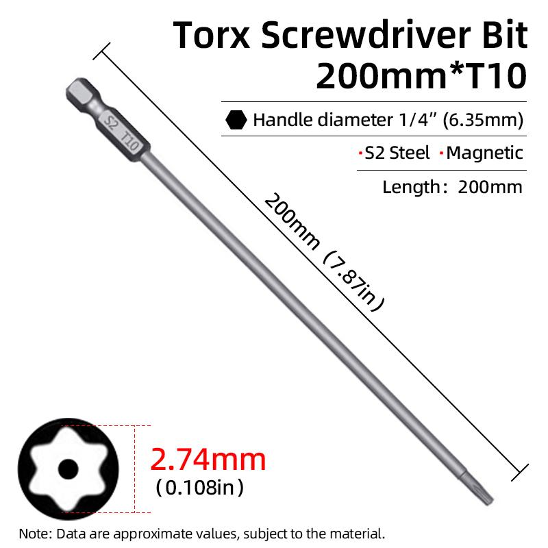 200mm Torx šroubovací bity Magnetické Dutá Hlava Květ Švestky Ocel S2 Bezpečnostní bit T6-T40 1/4'' Šestihranná Stopka Ruční Elektrické Nářadí