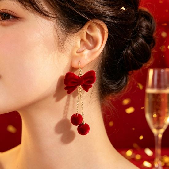Fashionable Face Slimming Earrings 1 Pair Velvet Bow for Women, Red Christmas Bowknot Dangle Drop Sophisticated Banquet Jewelry with Ball Charm, Gift