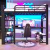Stapelbed, 90×200 cm, Metaal, met LED-lichtstrip, met Planken, Houten Bureau, Kledingdroogrek, zonder Matras, zwart