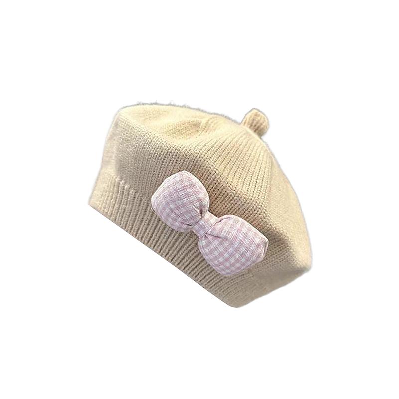 Cute Baby Hat Solid Color Bow Warm Beret Hat For Girls Vintage Princess Beret Hat Children Autumn Winter Cap Gifts
