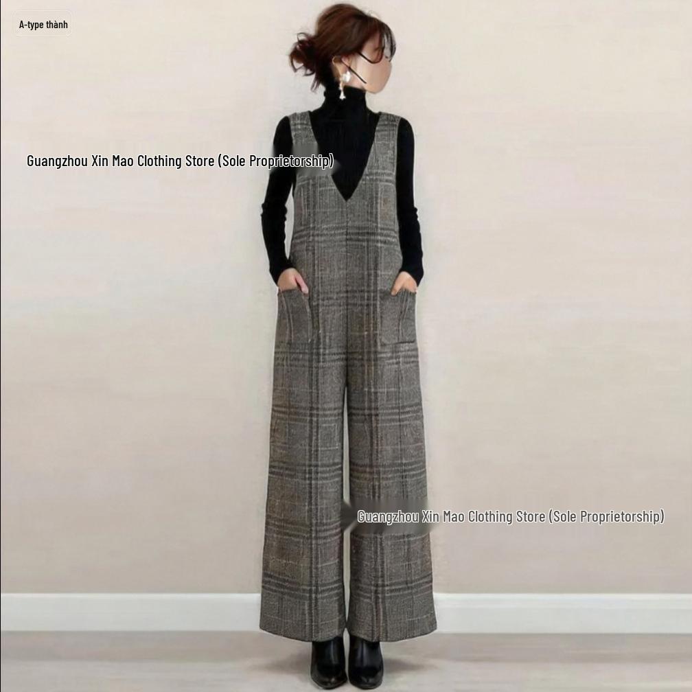 

Plaid Wool V-Neck Sleeveless Vest Dress - Loose Fit, Slit Design for Autumn/Winter Medium серый