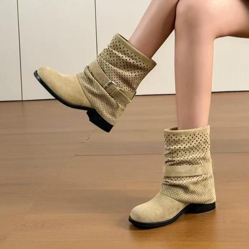 Fashion High Heels Women Hollow Short Boots 2025 New Autumn Fad Buckle Shoes Designer Chelsea Ankle Boots Dress Pumps Zapatillas Mujer