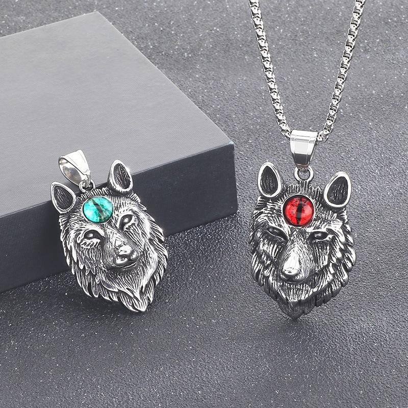 Hongtu Jewelry Cat's Eye Stone Wolf Head Pendant Punk Style Old Wolf Totem Wolf Head Trendy Men's Necklace