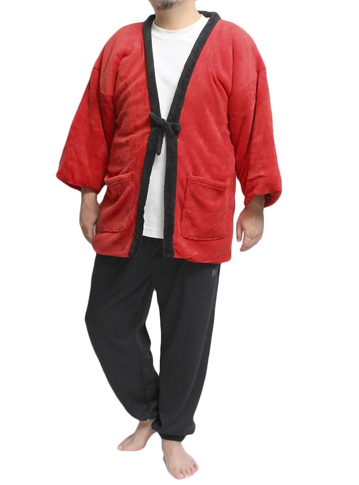 One Colors Men's Dotera Hanten (Chan-chanko Hanten), Plus Size, Warm, Fluffy Boa Lining, Cold Protection, Loungewear, Solid Color, Size L, Red