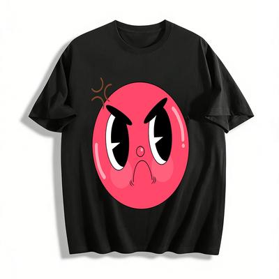 Cute Angry Red Face Cartoon Print T-Shirt Unisex Casual Loose Crew Neck Cotton Top Pure Cotton T-shirt
