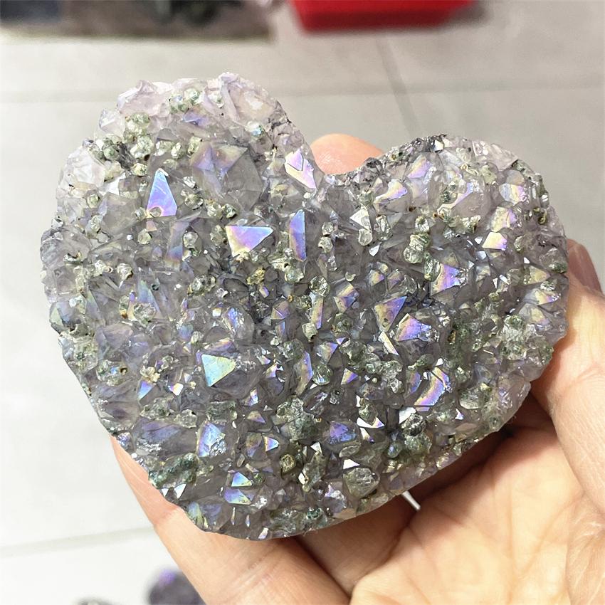 1pcs Amethyst Geode Heart Shaped Crystal Healing Crystals Stones Titanium Rainbow Aura Amethyst Cluster Angel Aura Quartz
