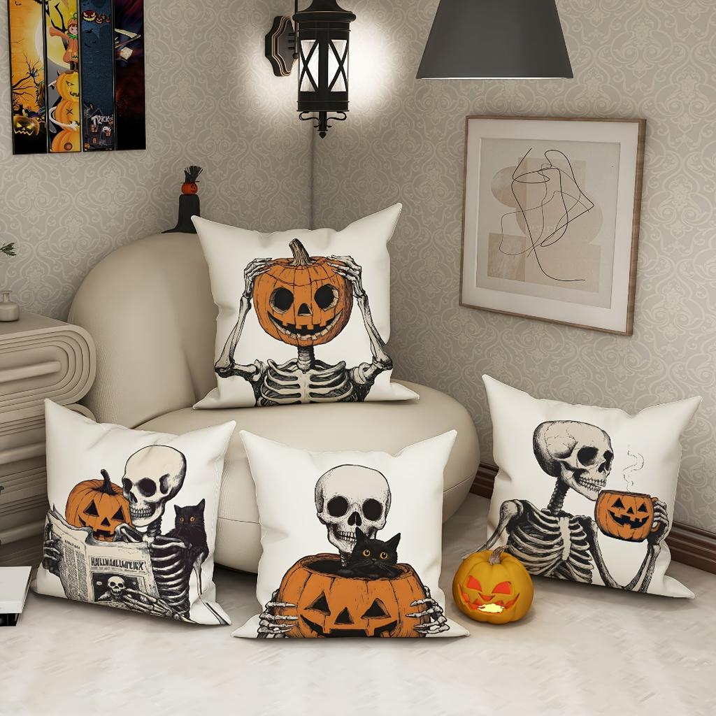 4Pcs Halloween Linen Cushion Cover Trick or Treat Theme Pillowcase Pumpkin-Skeleton Pillow Cover Halloween Party Decoration 2025