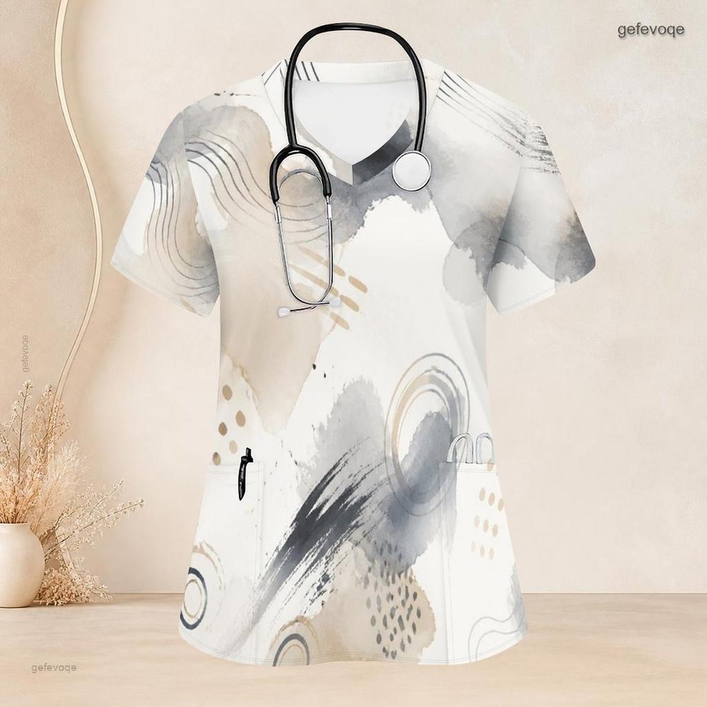 Women Plus Size Grey Beige Abstract Printed Scrub Top V Neck Short Sleeve Front Pockets