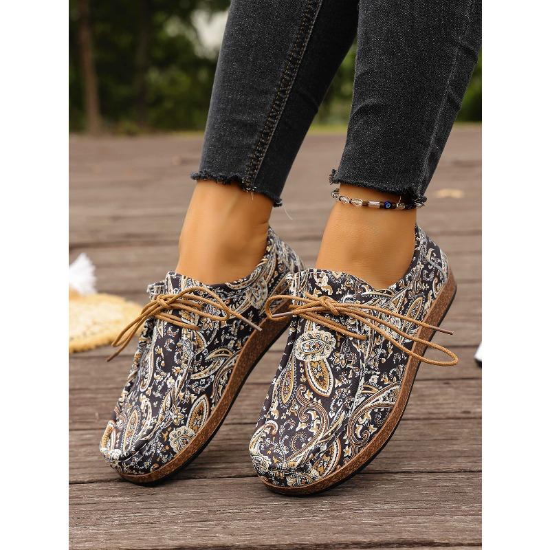 Printed Ethnic Style Lace-up Casual Shoes 2025 Autumn New Plus-size Flat Low-top Shoes for Women