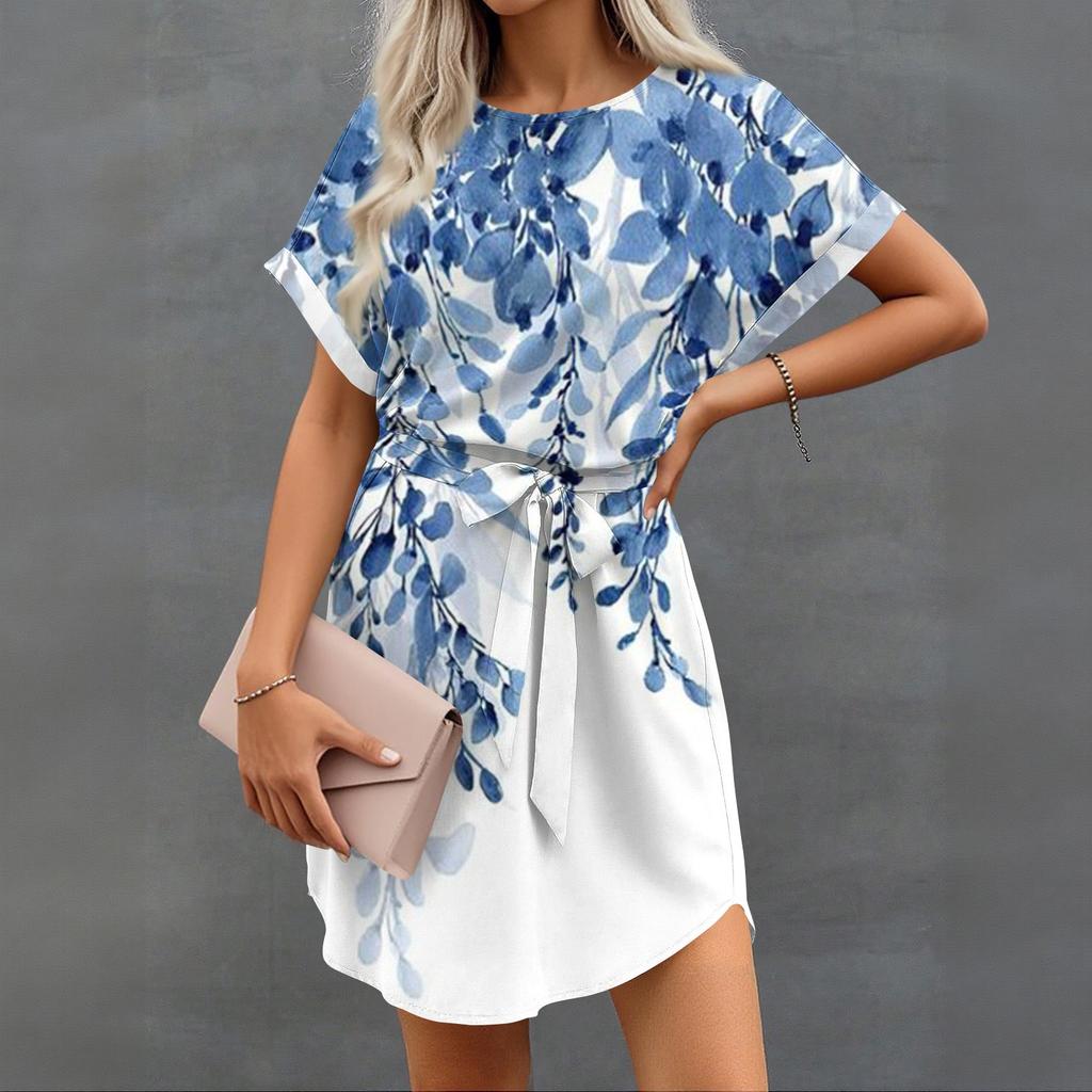 Womens Summer Short Dresses O Neck Casual Batwing-Short Sleeve Belted Dress For Women