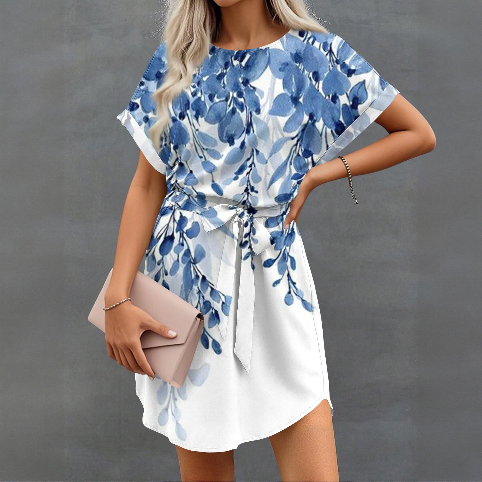 

Женские летние короткие платья с круглым вырезом, повседневное платье с рукавами «летучая мышь», с поясом для женщин M белый