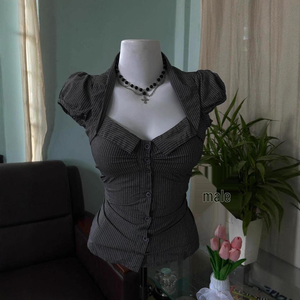 Gothic Style Waist-Cinched Striped Square Neck Top - Women’s Summer 2026 Collection