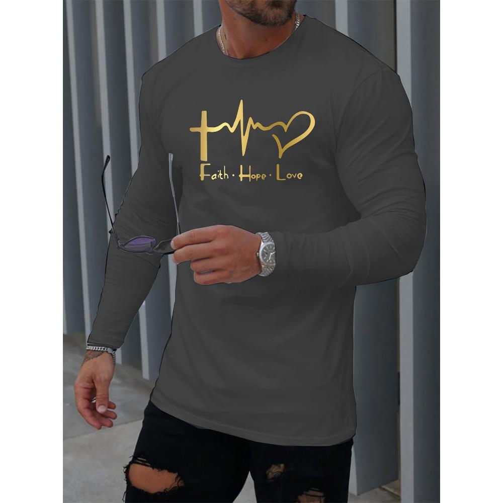 Men's Spring and Autumn Comfortable Leisure Love Faith Pattern Printed Round Neck Long Sleeve T-shirt Top