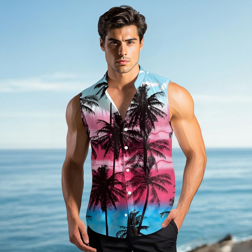 Men's Fashion Printed Sleeveless Lapel Button-Down Shirt Vest Top