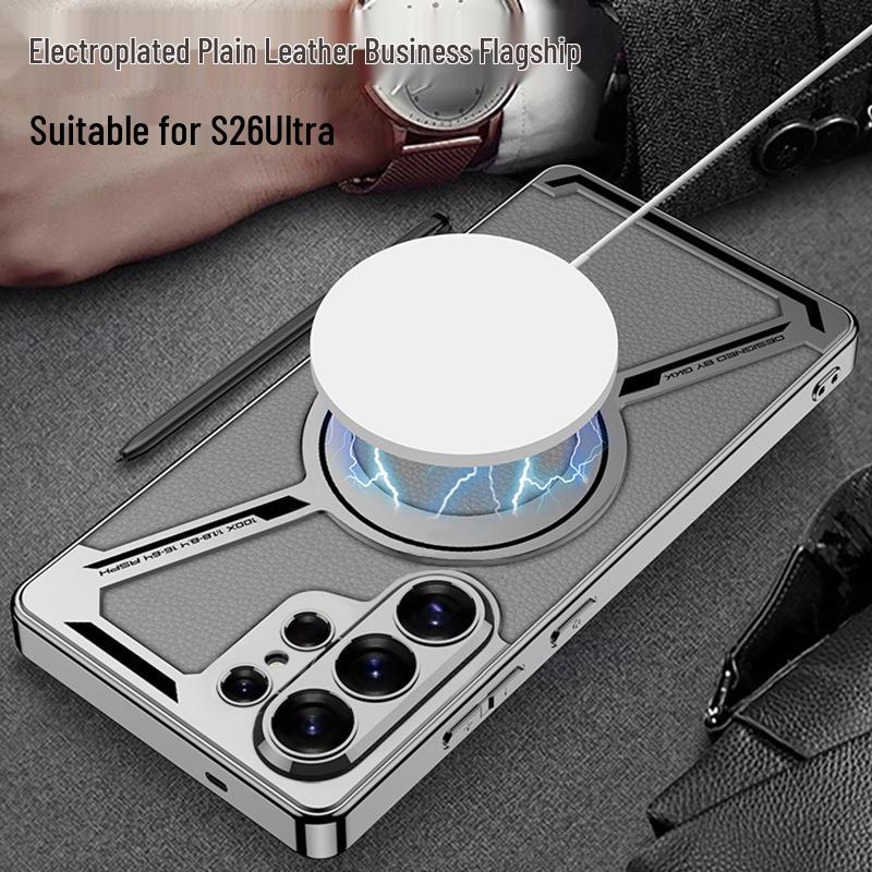 Samsung S26 Ultra Z-Shaped Electroplated Leather Case with Magnetic Ring