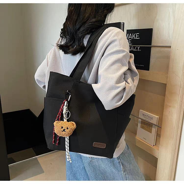 

Large-capacity Tote Bag Women Korean Style Canvas All-matching Commuting Simple College Students Fashionable Shoulder Class 24x10x28 single package чёрный
