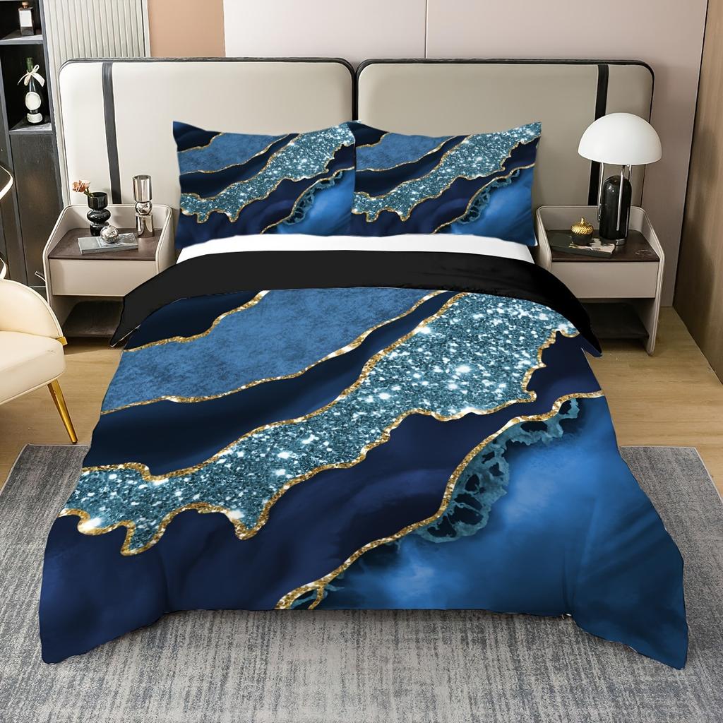 Blue Marble Textured Quilt Set Fashion 3D Digital Printing Bedding Quilt Set Three-Piece Set