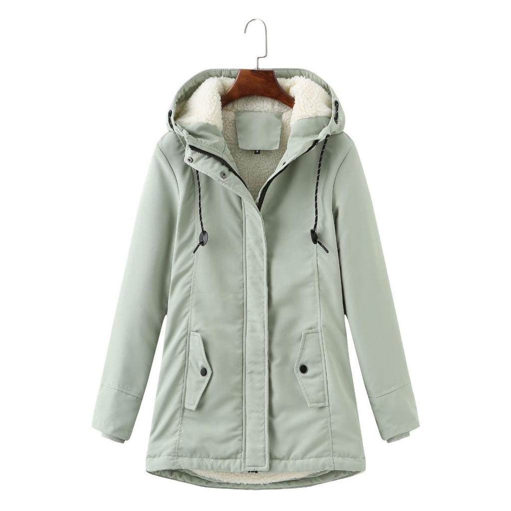 Women's European Size Hooded Lamb Wool Parka Winter Warm Waist Slimming Cotton Coat