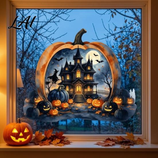 Outdoor Balcony Window Stickers Halloween Pumpkin Haunted House Static Stickers Waterproof PVC Castle Decals Decals Removable Clings for Home Glass