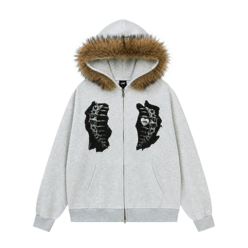 Mens Oversized Zip-up Hoodie Detachable Fur Collar Skull Hand Embroidery Casual Fall Sweatshirt