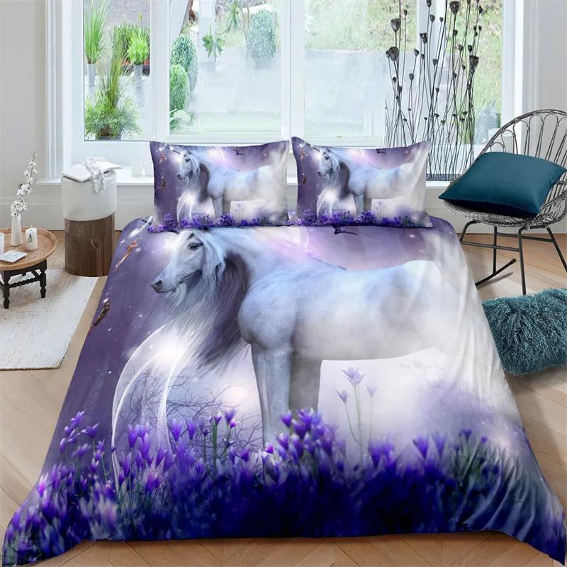 Bettbezug mit weißem Drachenpferd, 3D-Einhorn-Bettwäscheset für Teenager und Kinder, Mikrofaser, Western-Cowboy-Bettbezug mit Kissenbezügen