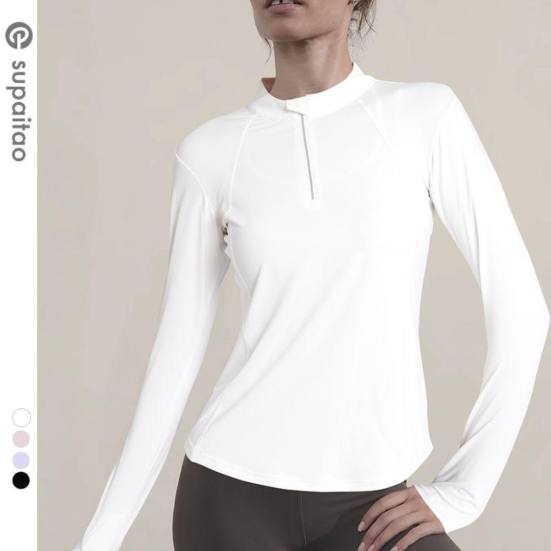 

Non-Returnable] Long Sleeves Yoga Clothing Top Loose Workout Clothes Quick Drying Clothes Blouse Slim Looking Training Turtleneck Women Rice White M