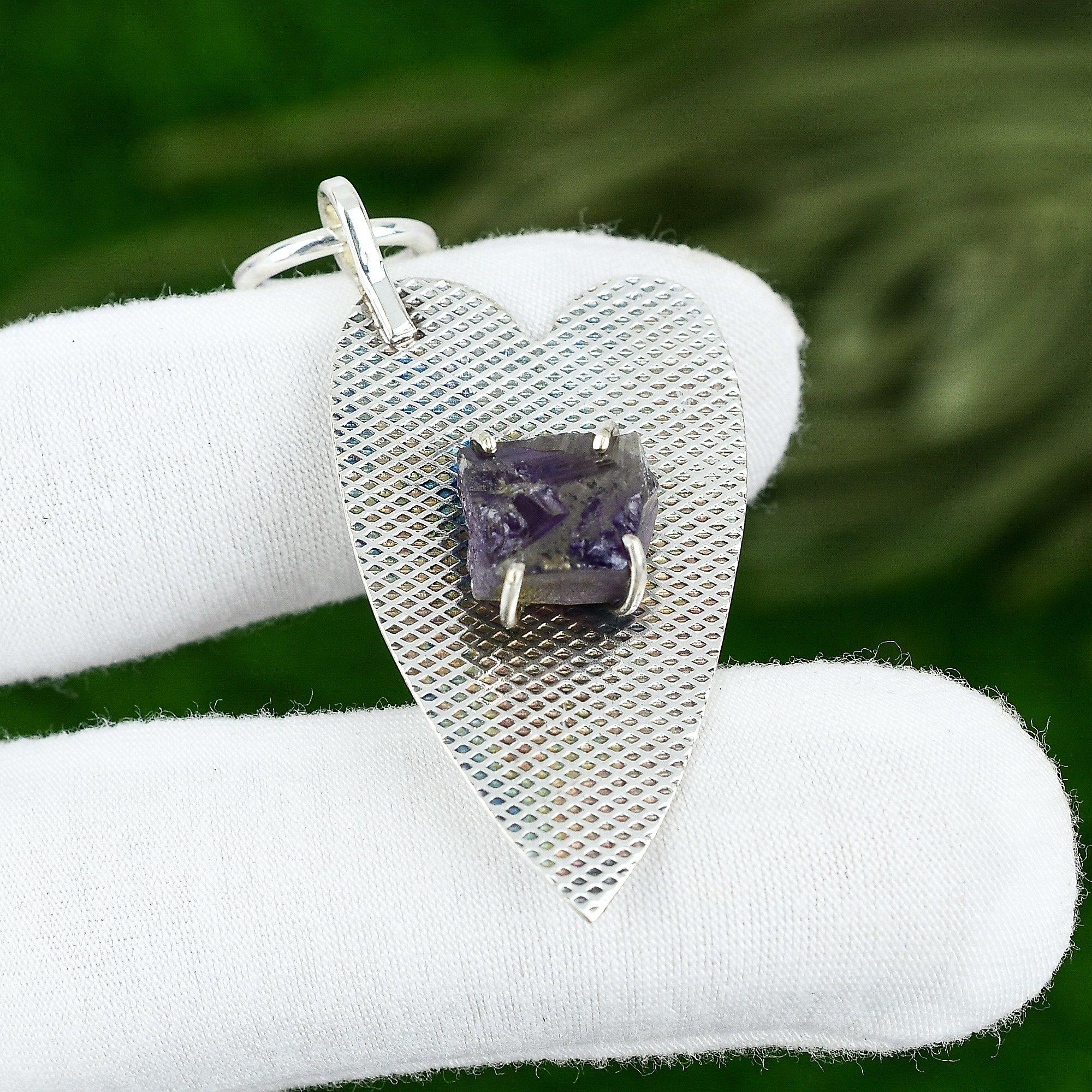 

Friendship Day Deal Sterling Silver Amethyst Rough Gemstone Boho Pendant Jewelry