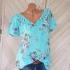 Sommer Casual Damen bedrucktes T-Shirt mit V-Ausschnitt und Spitze, kurzärmelig
