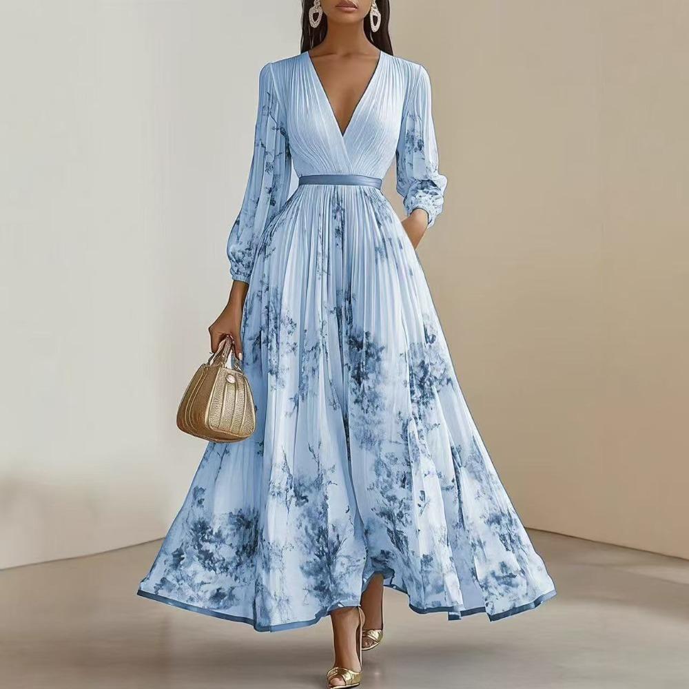 Women's Deep V Neck Long Sleeve Maxi Dress Regular Fit Mid Rise Floral Print Pleated Chiffon Elegant Wedding Guest Long Gown