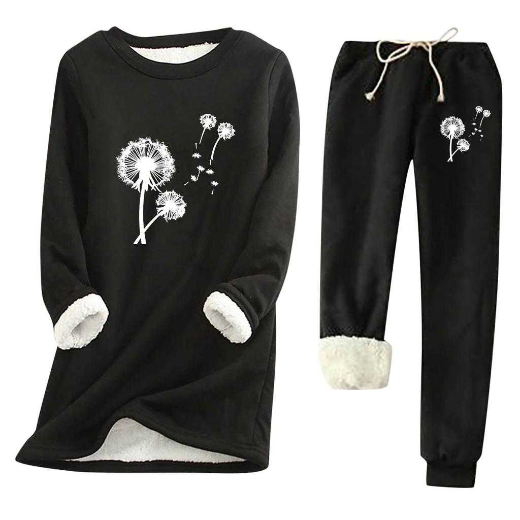 Women's Print Round Neck Warm Suit Long Sleeve Fleece Drawstring Sweatpants Two-Piece Set