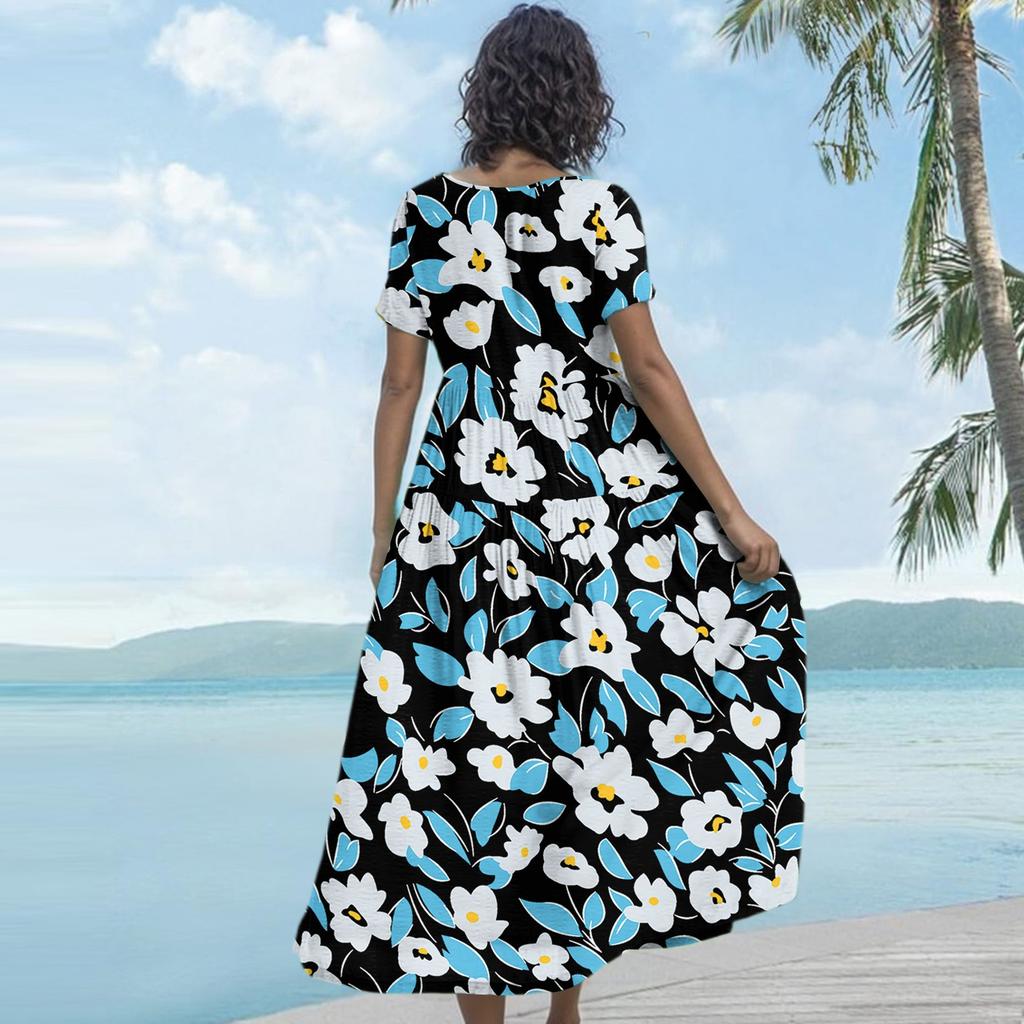 Vestido floral bohemio suelto casual de manga corta largo maxi vestido de verano para la playa