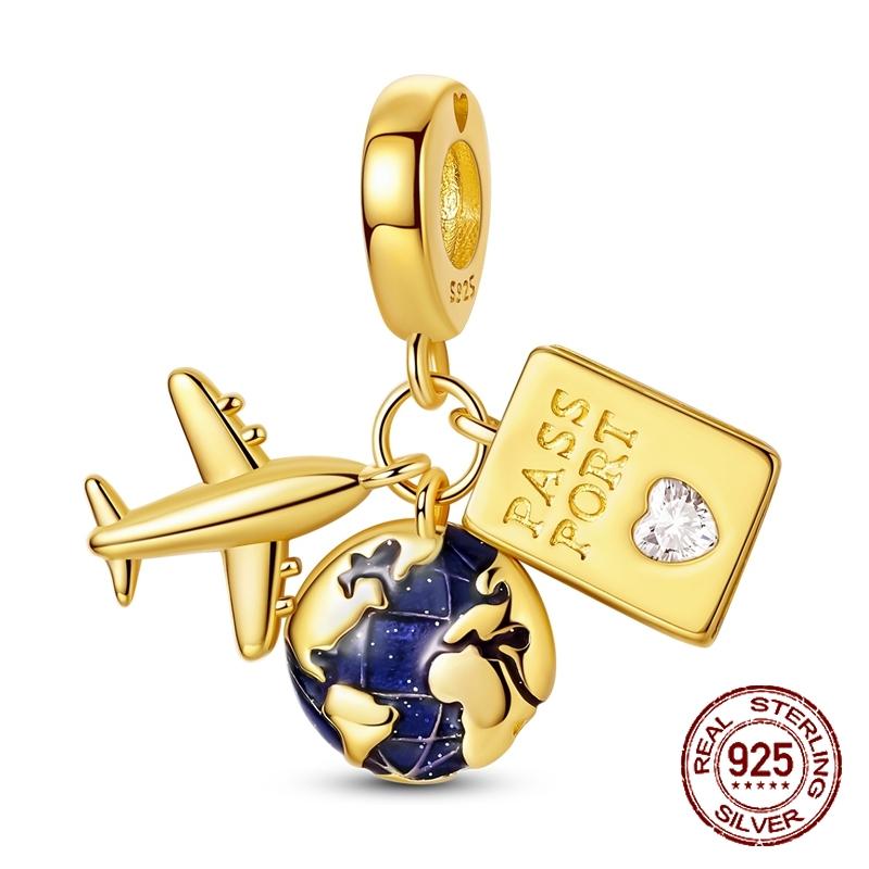 copper Gold Plated TravelThemed Globe Airplane Passport Pendant Charm Compatible With Authentic Charm Bracelets Women Do It Yourself Jewellery Gift